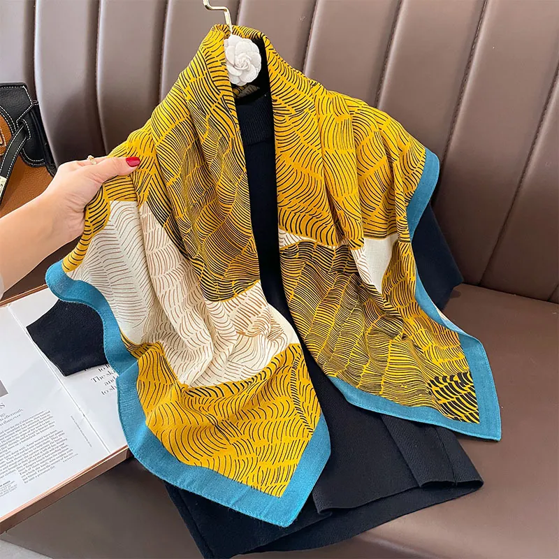 Large Square Scarf Abstract Geometric Line Print Polyester Neckerchief Elegant Versatile Winter Shawl For Women