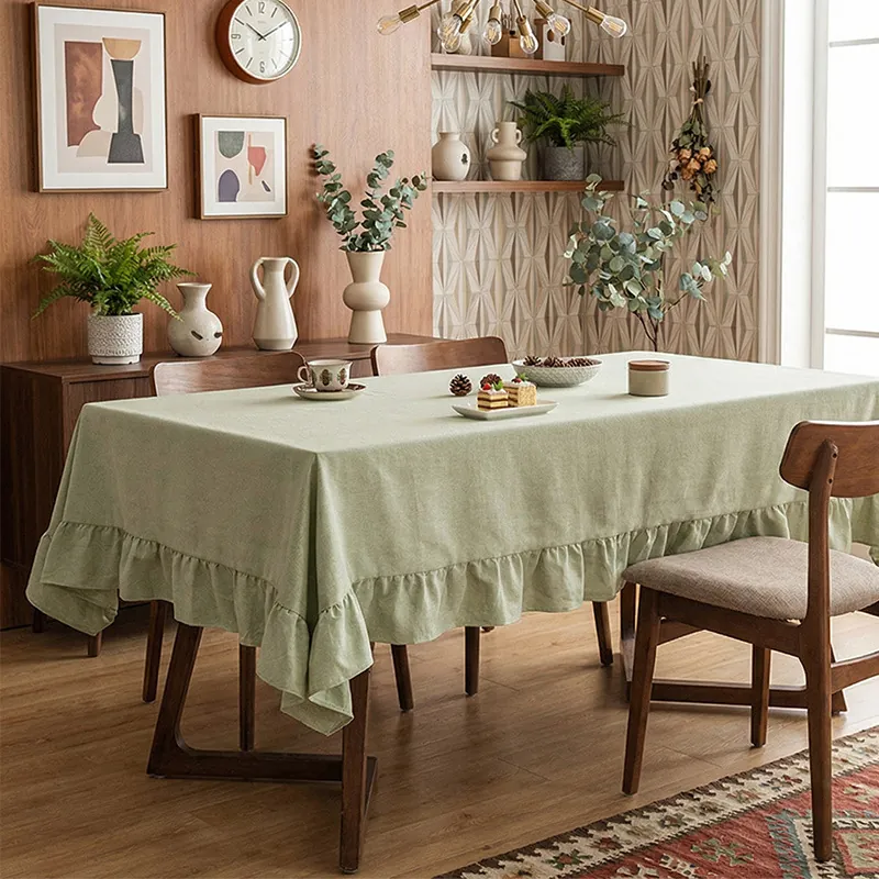 Rectangular Tablecloth Linen Polyester Blend Ruffled Edges Solid Color American Nordic Rustic Dining Coffee Table Cover