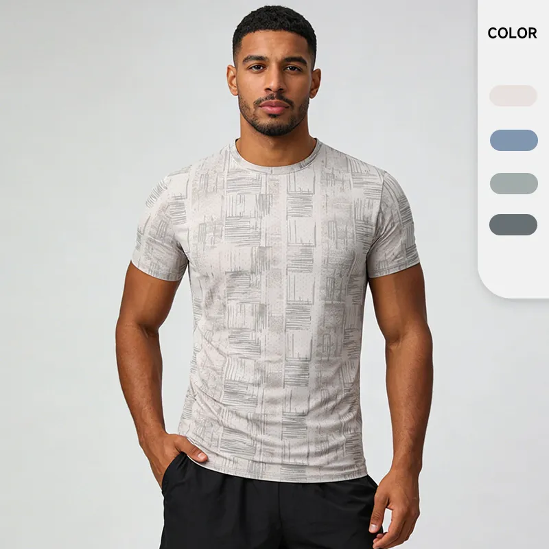 Men T-Shirt Quick Dry Athletic Gym Running Top Short Sleeve Nylon Spandex Geometric Pattern Sportswear