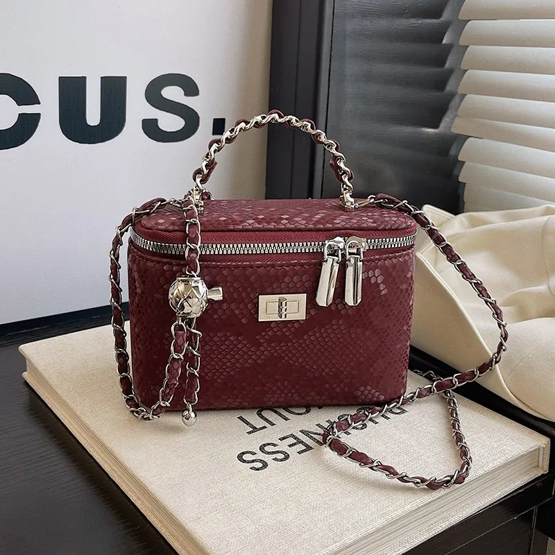 Women Snake Pattern PU Leather Vanity Case Box Bag Elegant Chain Strap Shoulder Crossbody Bag Mini Handbag Luxury Square Bag