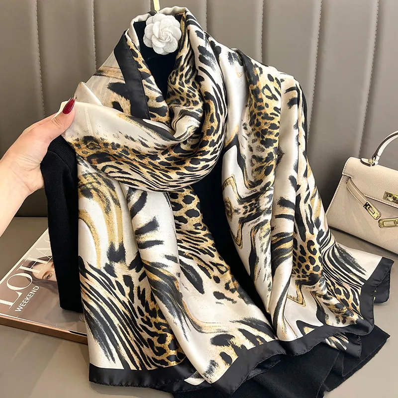 Leopard Print Imitation Satin Scarf Large Satin Elegant Shawl For Women Animal Pattern Sunscreen Beach Wrap