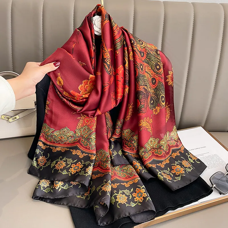 Retro Chinese Style Printed Scarf For Women Phoenix Peacock Pattern Satin Finish Polyester Long Shawl Wrap