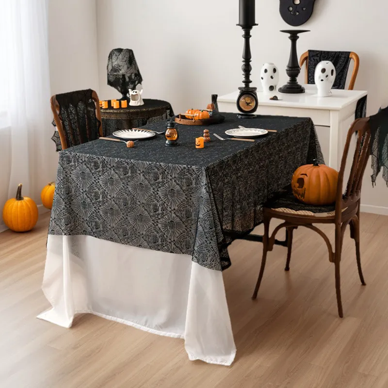 Tovaglia Halloween Pizzo Nero Motivo Ragnatela Mano Fantasma Pipistrello Rettangolare Poliestere Decorazione