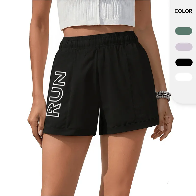 Women Sports Shorts Quick Dry Polyester Spandex Elastic Waist Side Zipper Pocket Reflective Letter Print Running Fitness