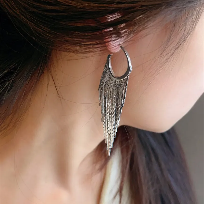 Elegant Long Tassel Dangle Earrings For Women With 925 Sterling Silver Earring Post Geometric Hoop Fashion Jewelry