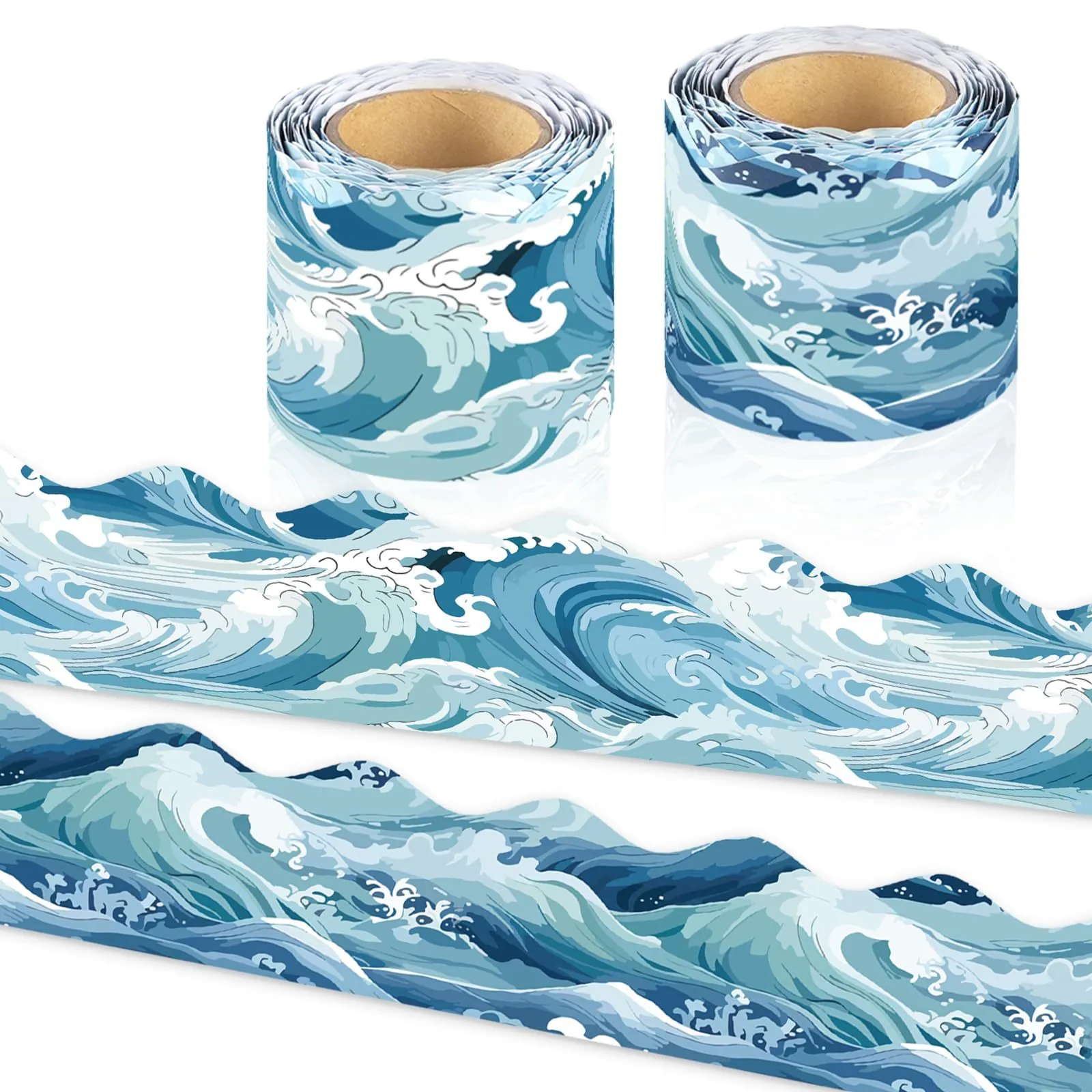 Bulletin Board Border Scalloped Ocean Wave Pattern Decor Sticker For Classroom Blackboard Office Coated Paper Ukiyo-e Style