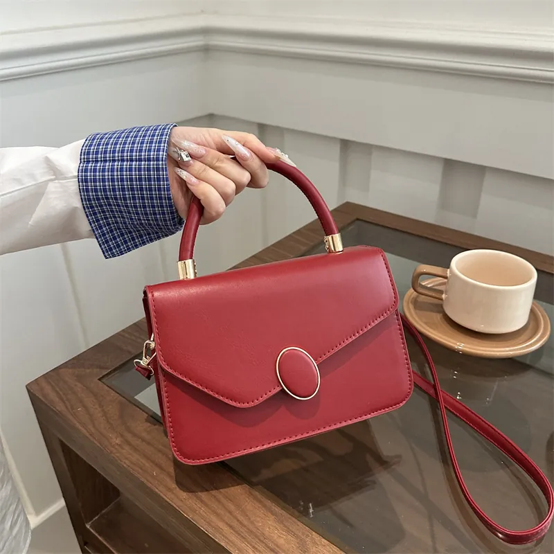 PU Leather Crossbody Bag Women Small Square Handbag Gold Oval Clasp Top Handle Adjustable Strap Retro Solid Color Minimalist