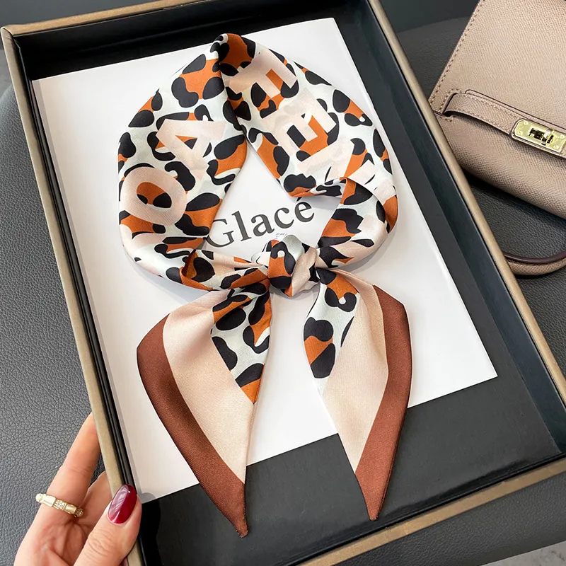 Leopard Print Letter Pattern Skinny Scarf Satin Headband For Women Bag Handle Wrap Ribbon Accessories