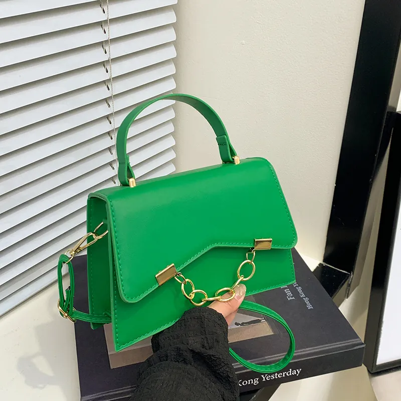 Women PU Leather Crossbody Bag Gold Chain Decor Flap Top Handle Small Square Shoulder Handbag Versatile Chic