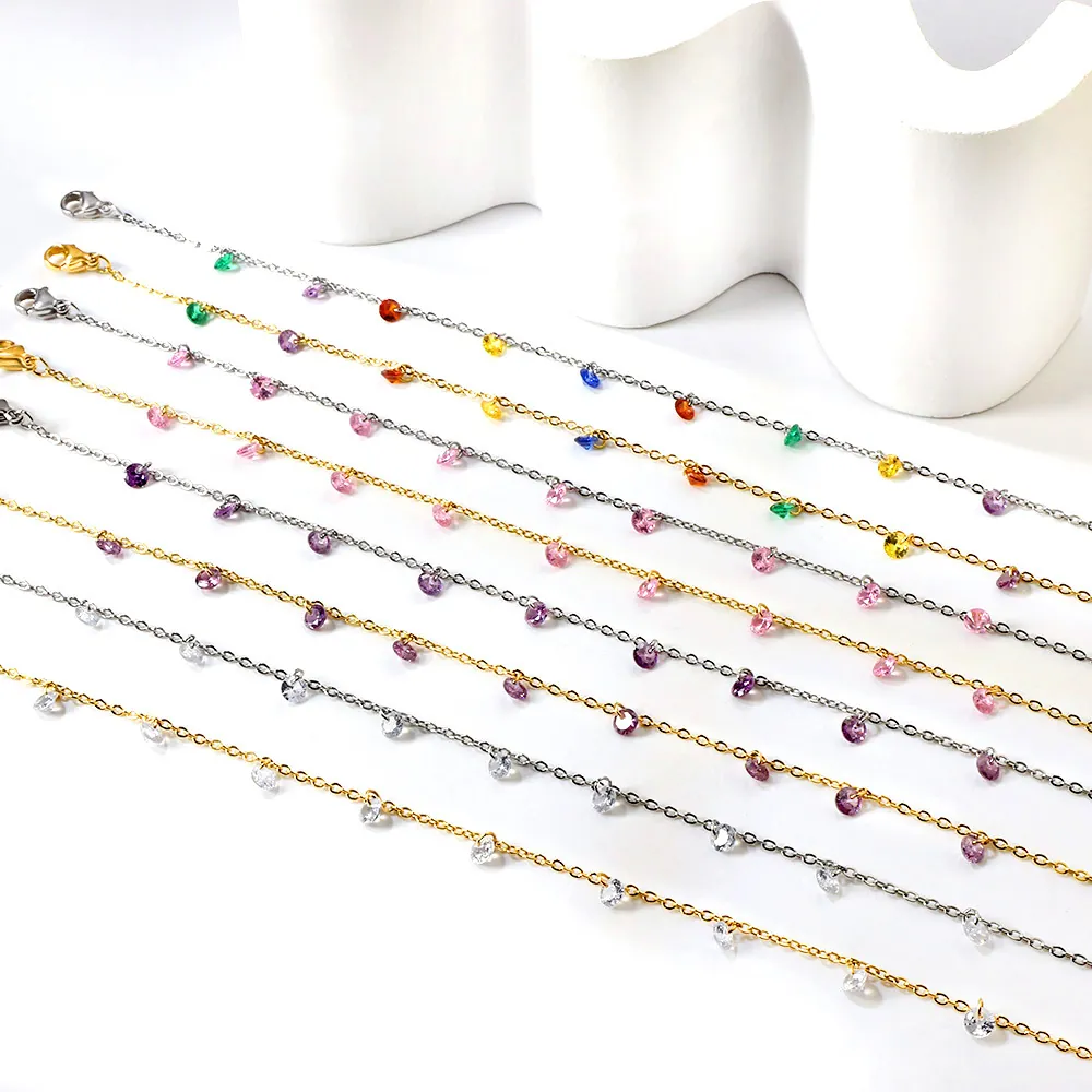 Stainless Steel Multi-color Zirconia Anklet 18K Gold Plated Minimalist Beach Foot Chain Jewelry For Women
