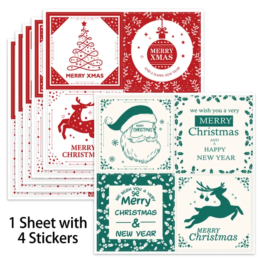 Christmas Square Sealing Stickers Self Adhesive Paper Labels For Holiday Gift Box Packaging Reindeer Tree Festive Patterns