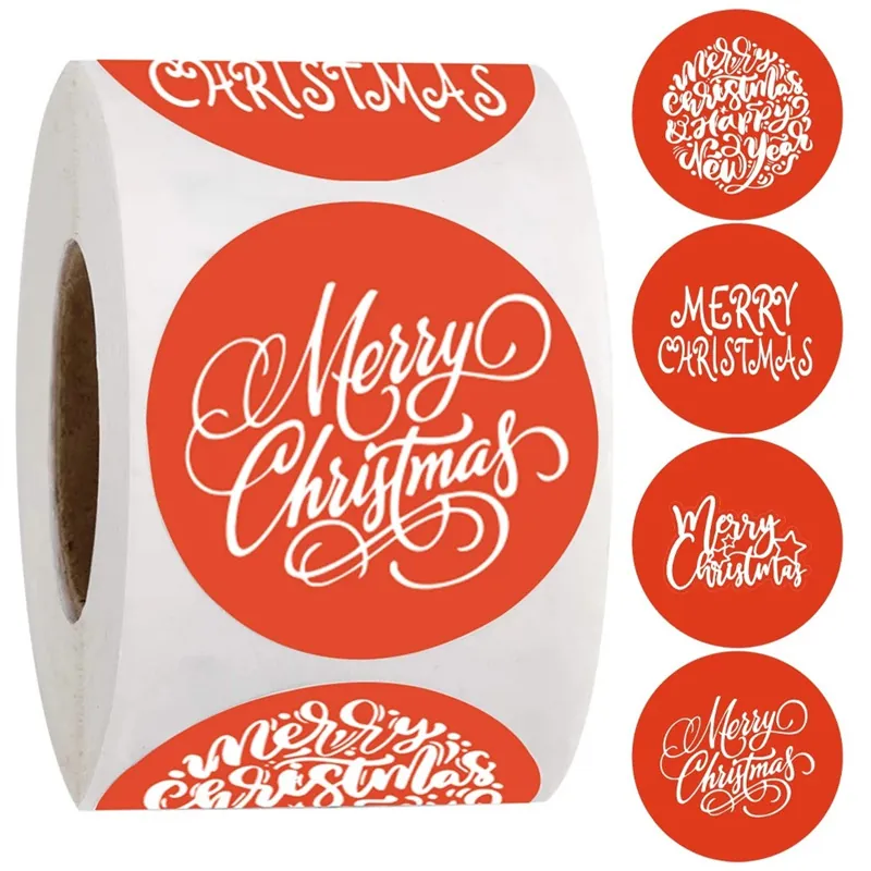 Autocollants de Noël Ronds Rouges Étiquettes Merry Christmas Happy New Year pour Décoration de Scellage d'Emballage de Cadeau de Fête