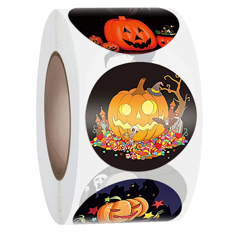 Halloween Round Decorative Stickers Adhesive Paper Pumpkin Skull Ghost Patterns For Envelope Sealing Gift Wrapping Party Supplies