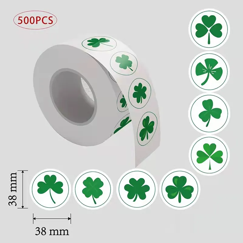 St Patricks Day Round Stickers Green Shamrock Clover Pattern Self Adhesive Sealing Labels For Holiday Gift Decoration