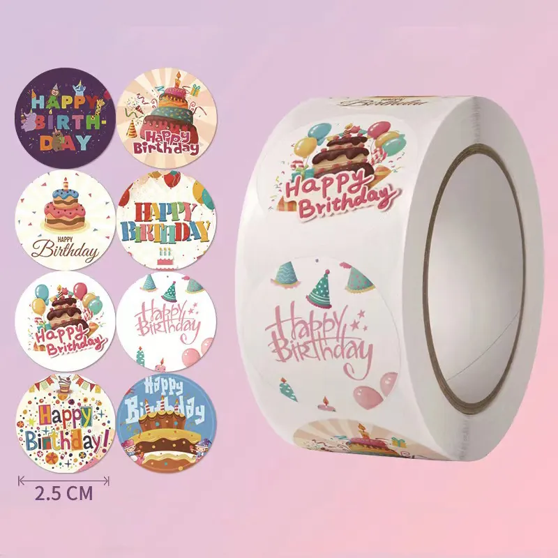 Happy Birthday Stickers Round Gift Packaging Labels Envelope Seals Colorful Cake Balloon Patterns Party Decor Labels