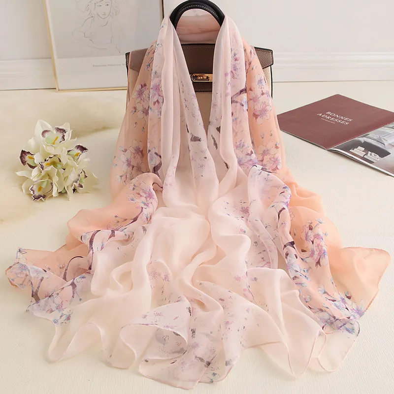 Écharpe À Imprimé Fleuri Femme Long Dégradé Satin Artificielle Châle De Plage Vacances Doux Léger Respirant