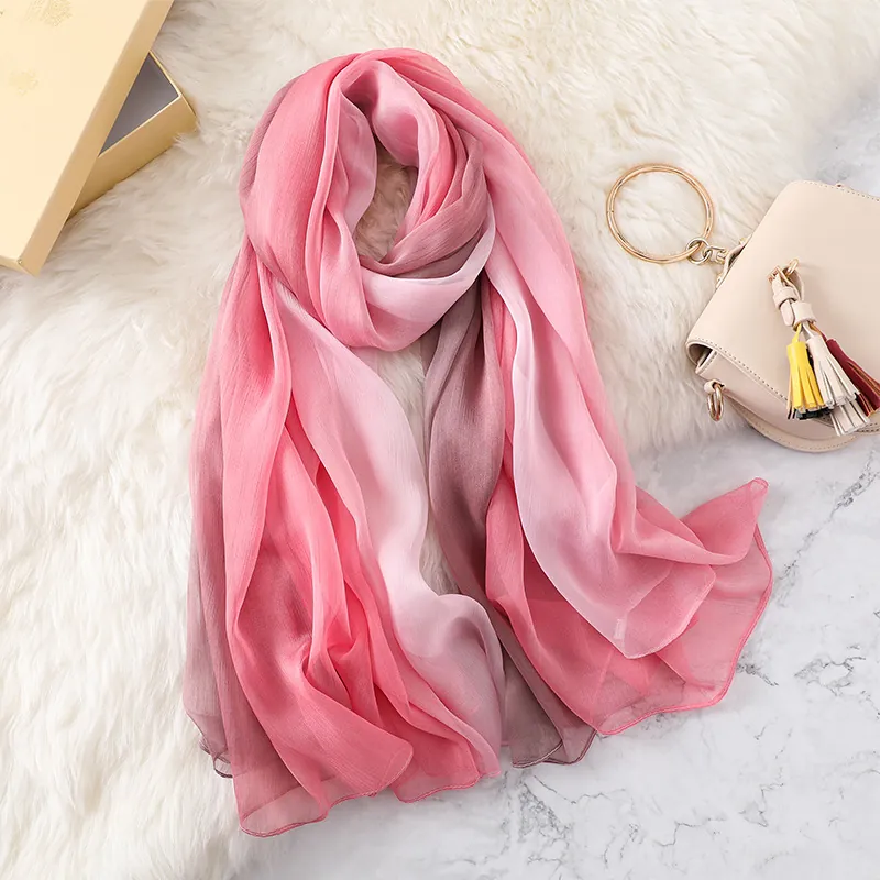 Sciarpa Lunga Da Donna Scialle Sfumato Colore Pieghettato Effetto Raso Poliestere Protezione Solare Leggero Morbido Elegante