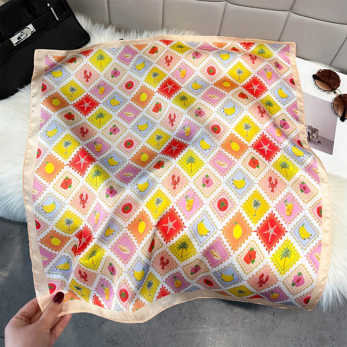 Women Square Scarf Imitation Satin Polyester Satin Tropical Fruit Stamp Print Neck Scarf Lightweight Retro Versatile