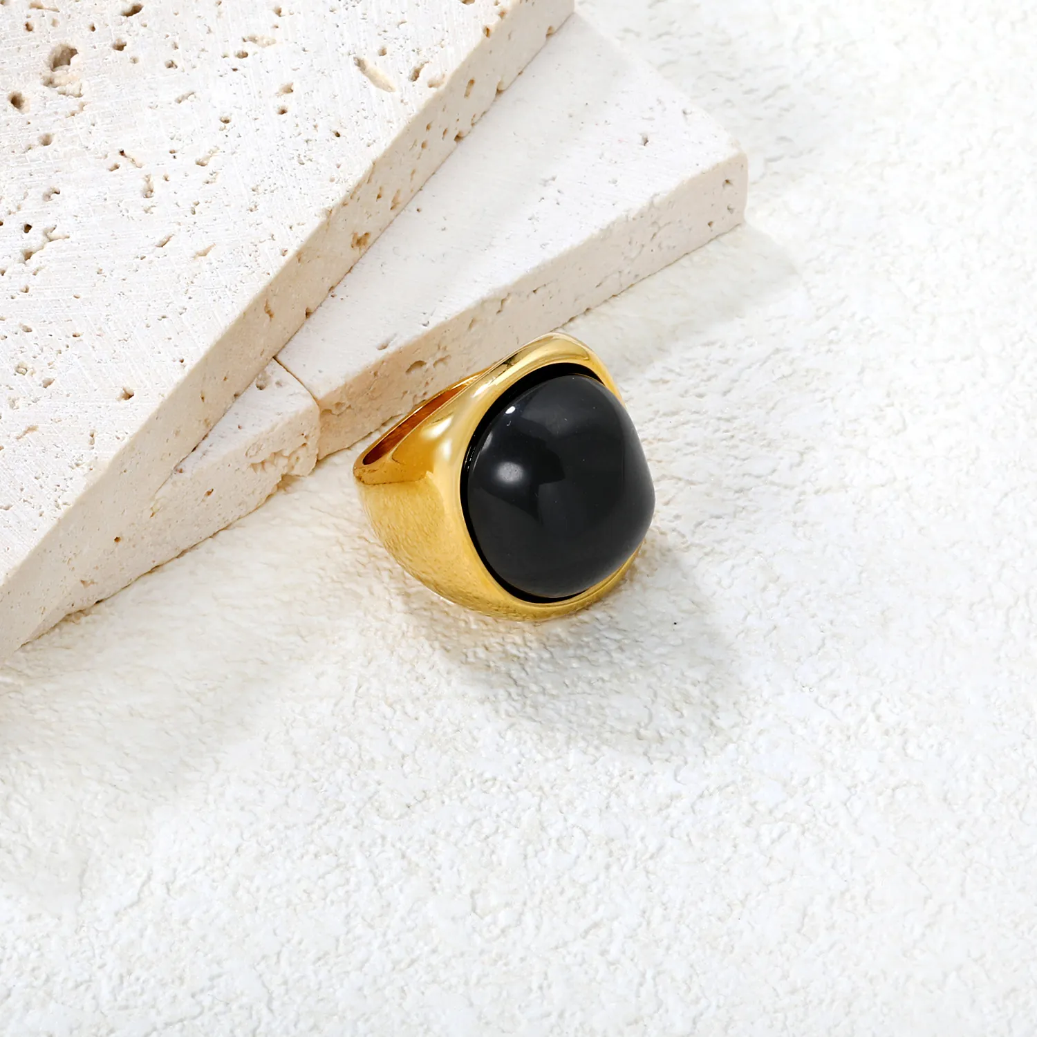 Vintage Edelstahl Schwarzer Onyx Ring Geometrisch Rechteckig Oval Vergoldeter Siegelring Für Damen Modeschmuck