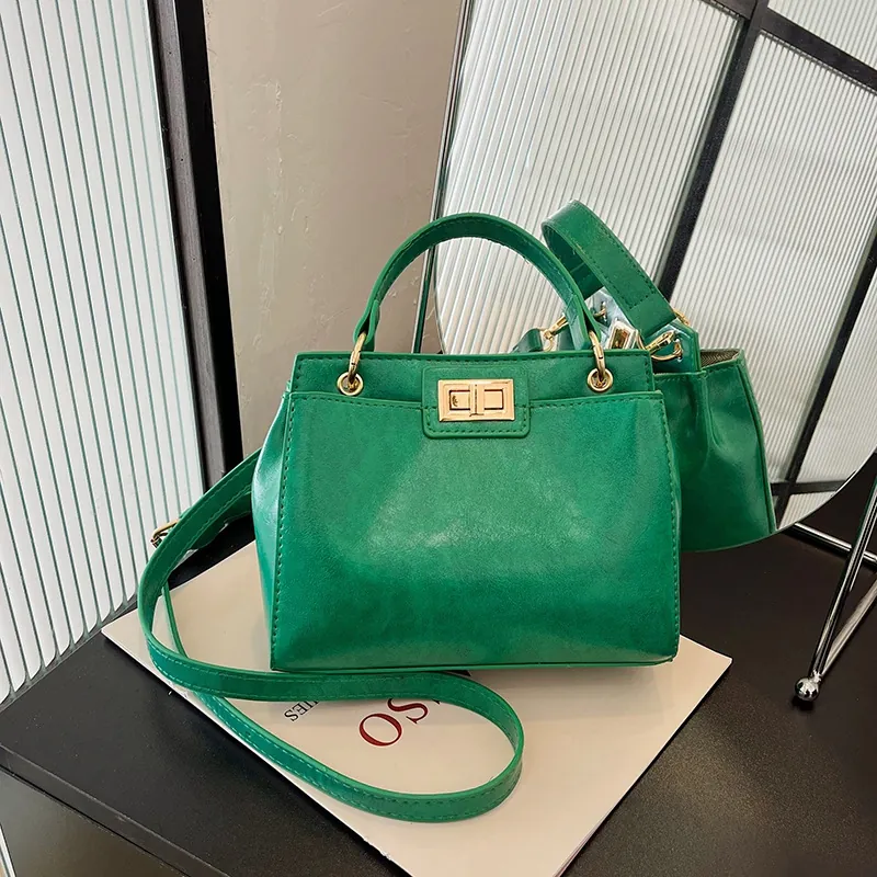 Vintage PU Leather Crossbody Bag Women Small Square Handbag With Gold Turn Lock Adjustable Strap Single Handle