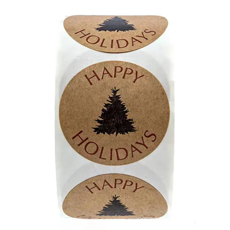 Christmas Kraft Paper Seal Stickers Round Happy Holidays Tree Labels For Gift Wrapping Bakery Packaging Decoration Party