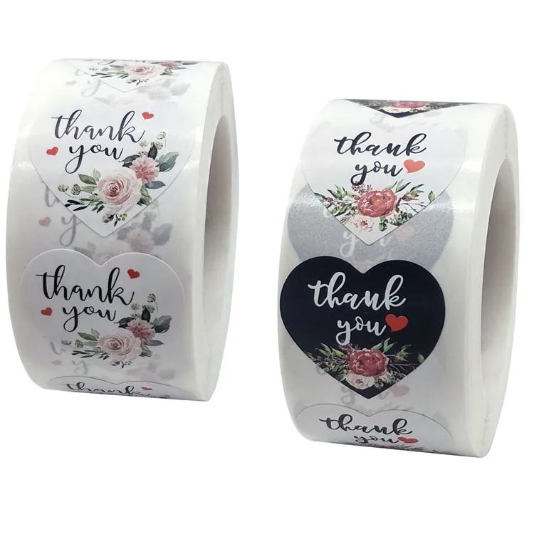 Heart Shaped Thank You Stickers Roll Floral Rose Decorative Labels For Gift Wrapping Wedding Party Sealing Stickers