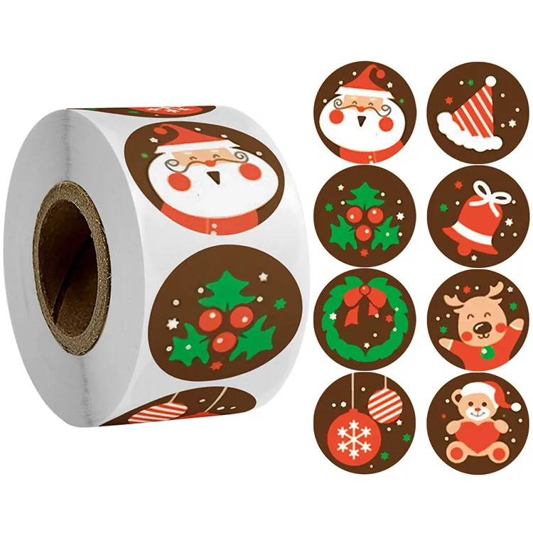 Christmas Round Sealing Stickers Self-Adhesive Labels For Holiday Envelope Gift Box Decor Snowman Santa Patterns Dark Brown