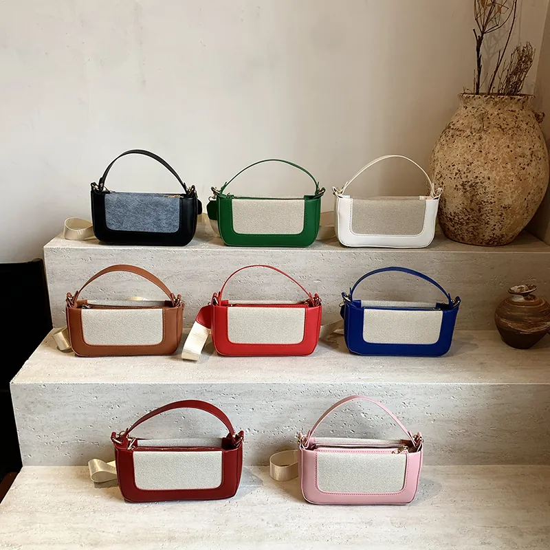 Women Colorblock PU Leather Patchwork Handbag Minimalist Small Square Shoulder Crossbody Bag With Wide Strap Daily Fashion