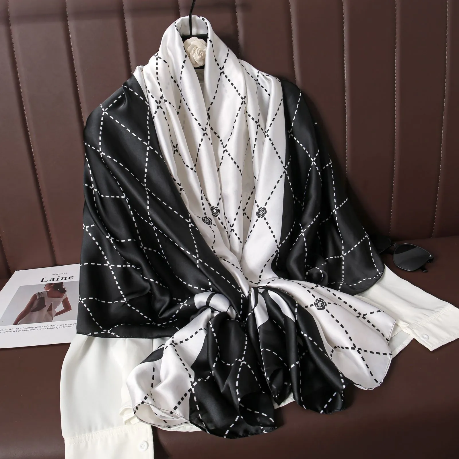 Vintage Printed Satin Scarf Elegant Long Satin Feel Shawl Retro Floral Chain Pattern Lightweight Sun Protection Wrap