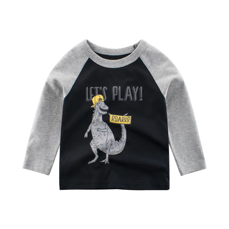 Boys Cartoon Dinosaur Printed Long Sleeve Raglan T-Shirt 100% Cotton Comfortable Casual Round Neck Kids Pullover Top