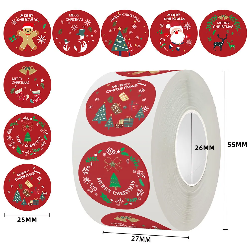 Merry Christmas Round Stickers Self Adhesive Sealing Labels Copperplate Paper Festive Gift Wrapping Decorative Roll