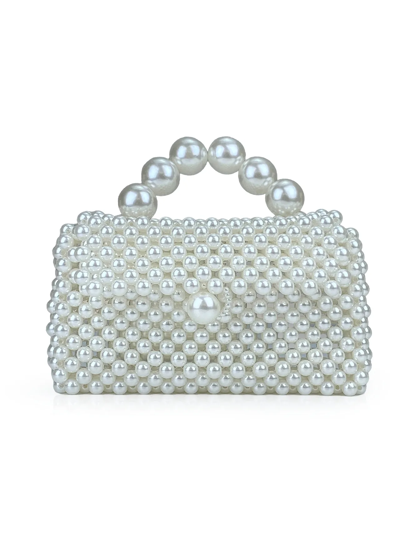 Elegant White Faux Artificial Pearl Beaded Handbag Handmade Woven Clutch Purse With Top Handle For Wedding Party Evening Casual
