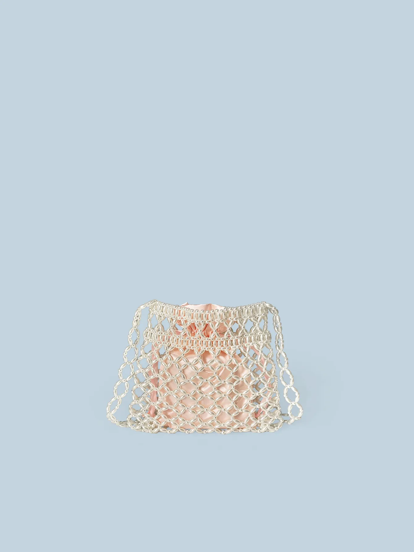 Hand Woven Acrylic Imitation Artificial Pearl Beaded Crossbody Bag With Pink Satin Inner Pouch Hollow Out Small Square Shoulder Bag For Women