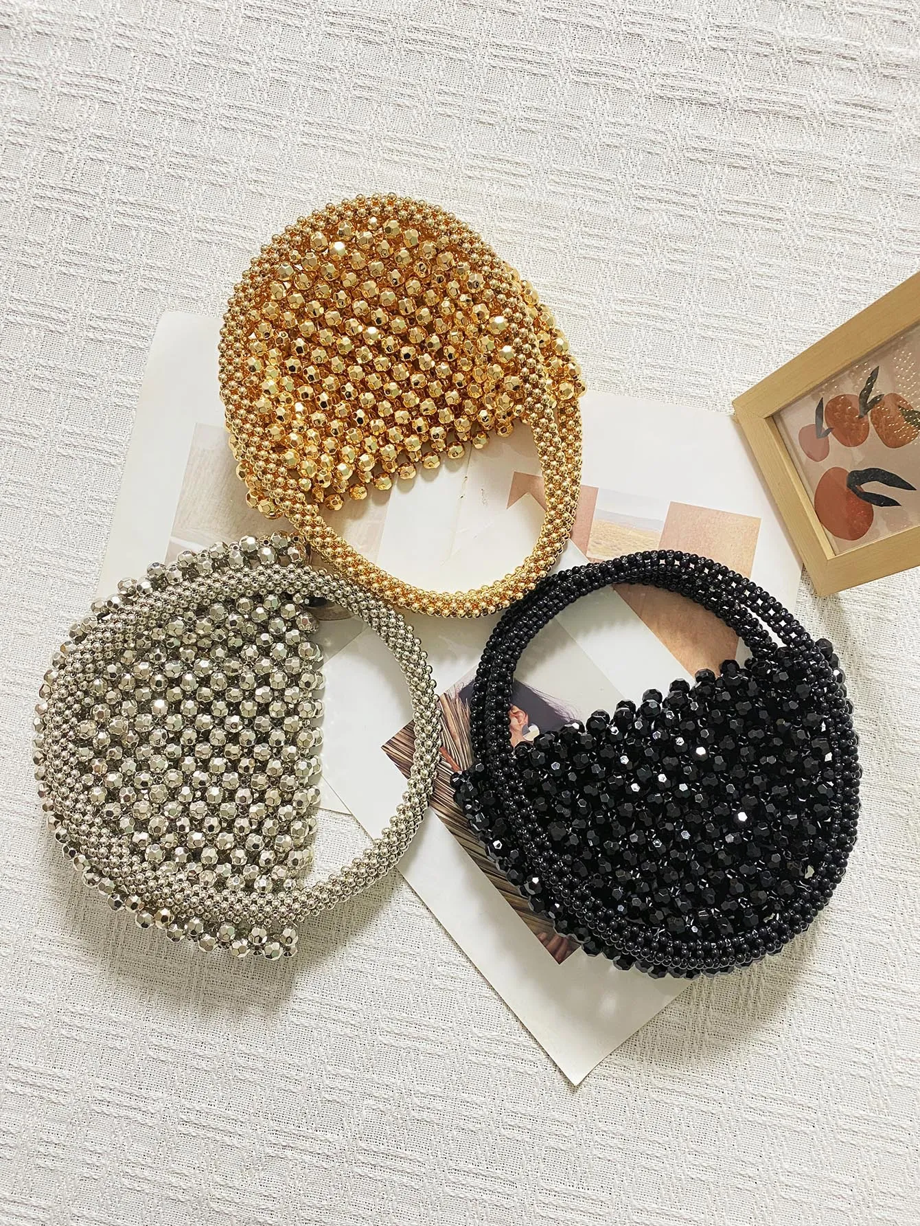 Borsa A Mano Con Perline Fatta A Mano Acrilico Finta Perla Artificial Intrecciata Mezzaluna Rotonda Borsa Da Sera Per Donna Vintage Chic