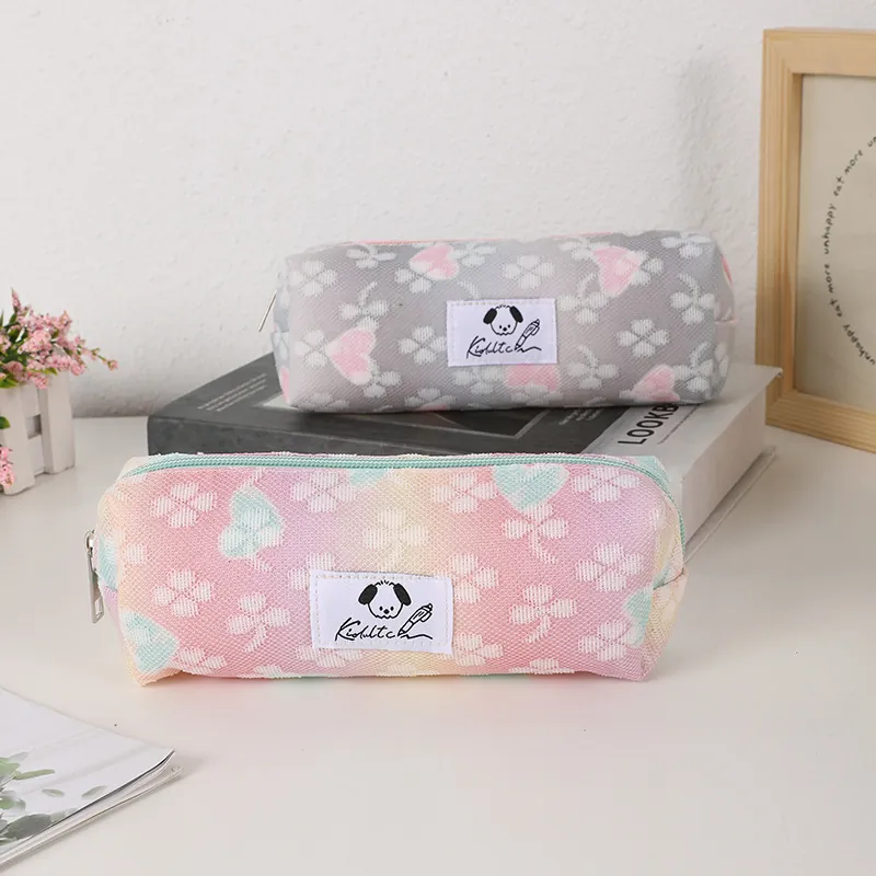 Astuccio Per Matite Grande Capacità Gradiente Macaron Mesh Motivo Trifoglio Cartone Animato Carino Cane Etichetta Borsa Cancelleria