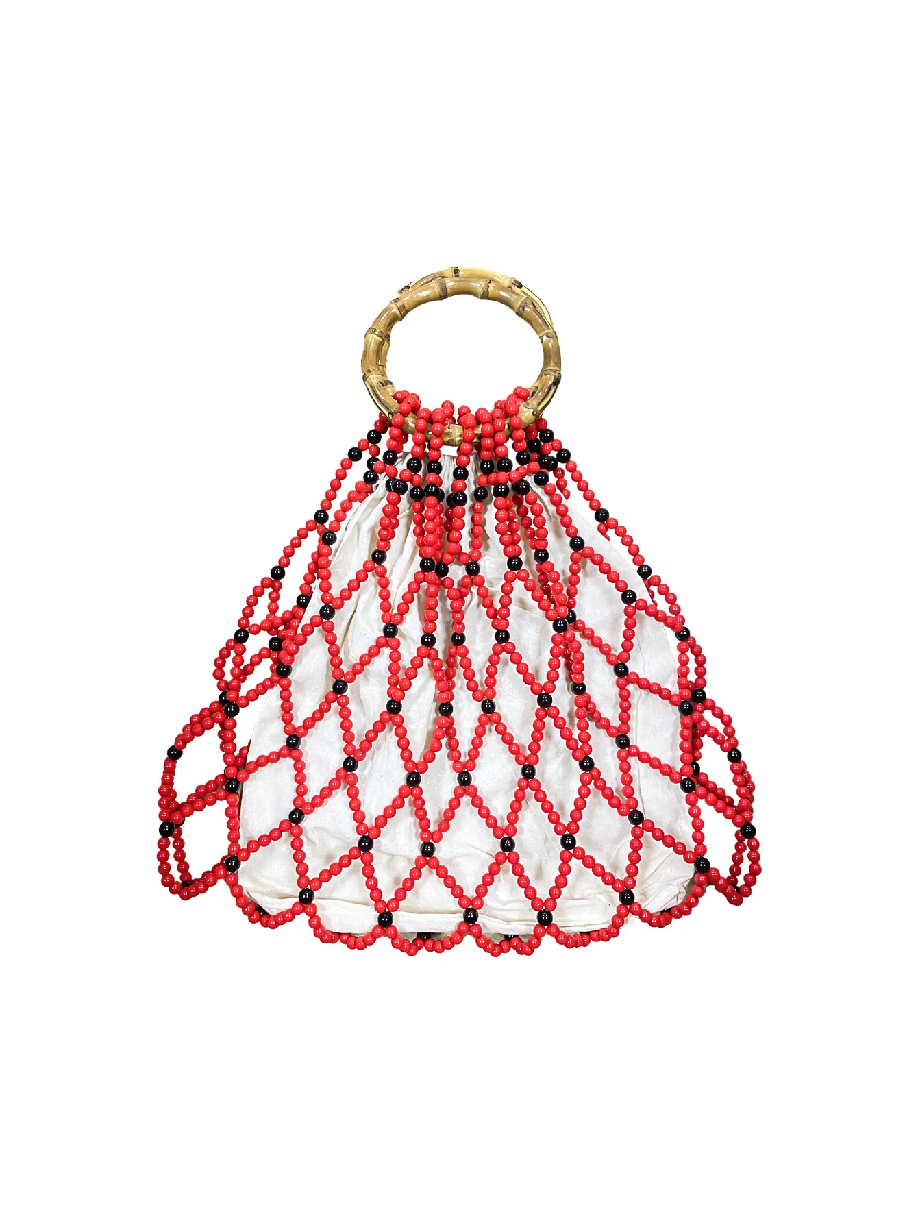 Women Vintage Beaded Handwoven Bag Natural Bamboo Handle Bohemian Style Beach Vacation Handbag Red Black Bead Tote