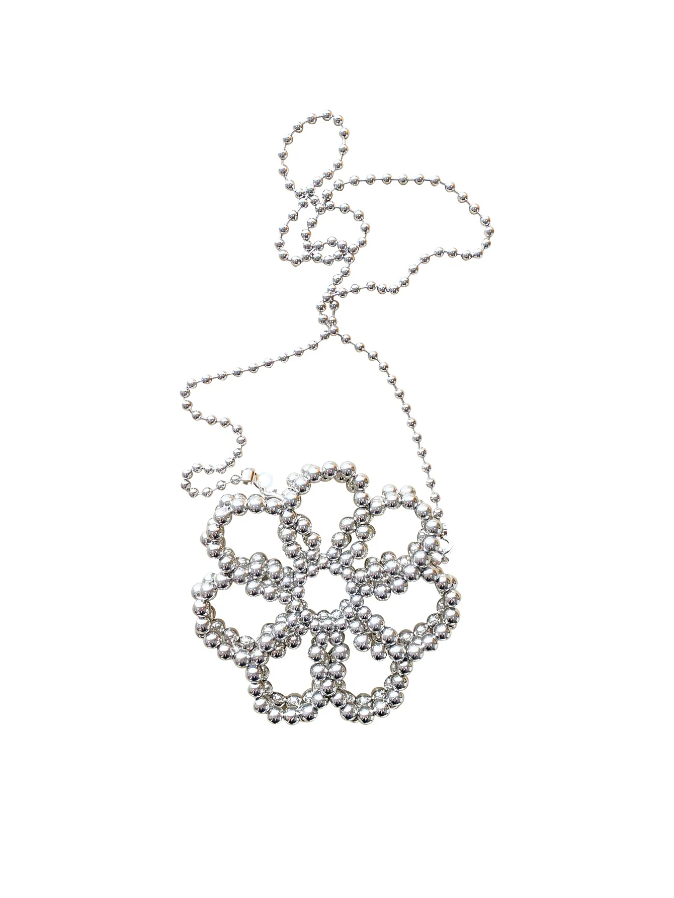 Women Silver Beaded Flower Shape Mini Crossbody Bag Handmade Beaded Phone Bag Sweet Cool Style Accessory