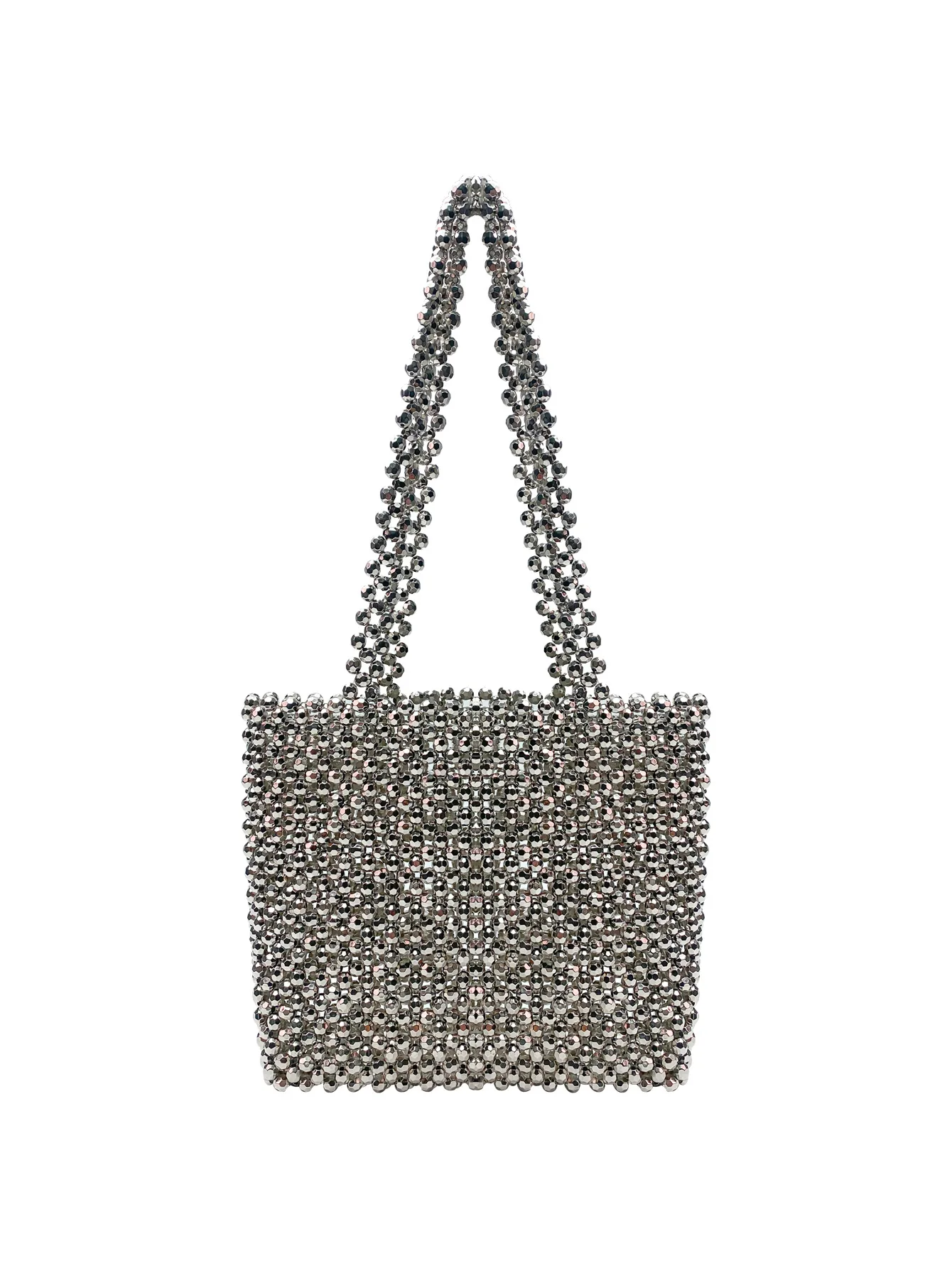 Sac à Épaule Perlé Argenté Brillant pour Femme Sac à Main Carré en Acrylique Tissé à la Main Mode Rétro Ajouré Fourre-Tout