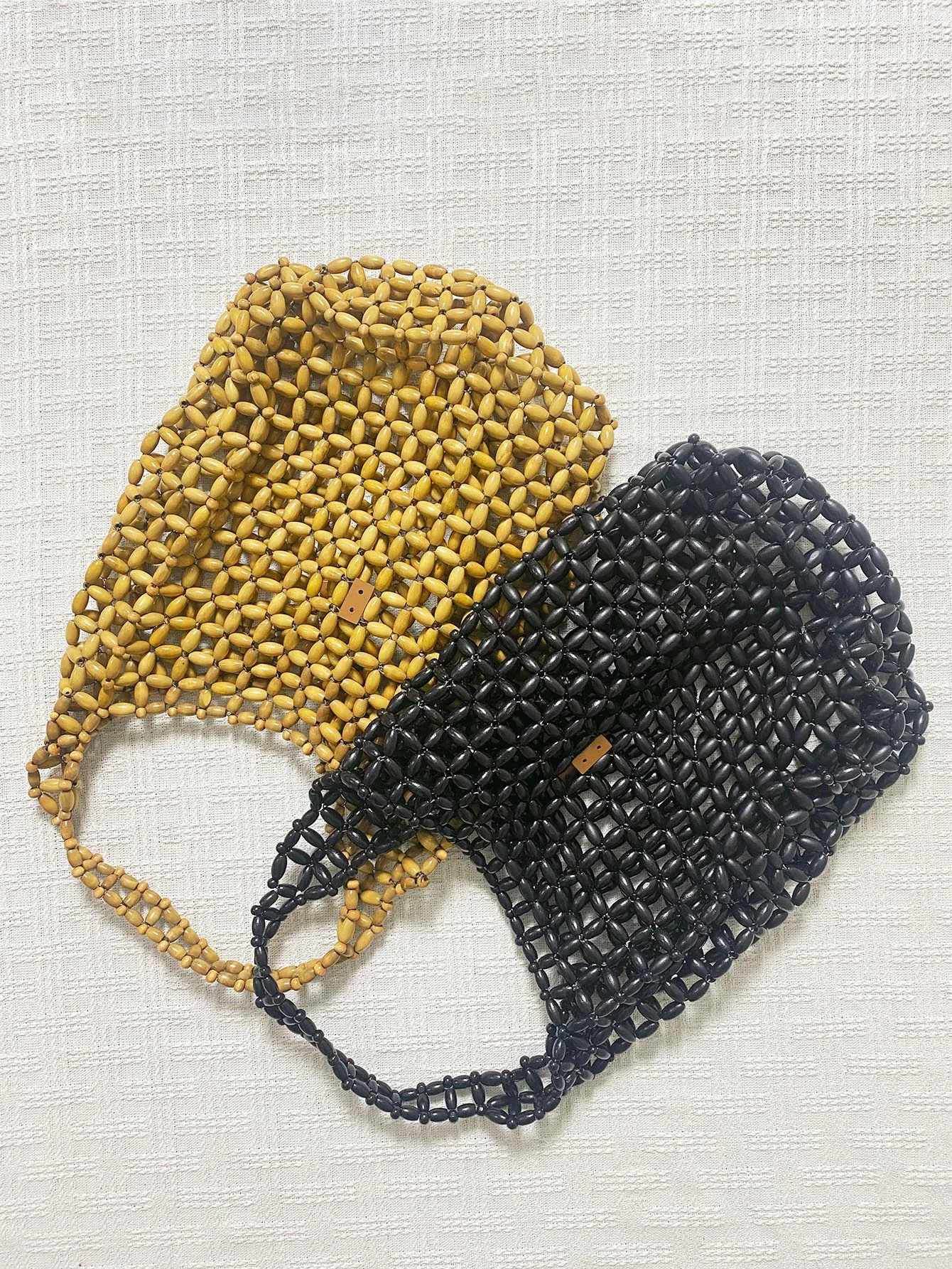 Handmade Wood Bead Woven Shoulder Bag Retro Bohemian Hollow Out Tote With Drawstring Inner Pouch For Women