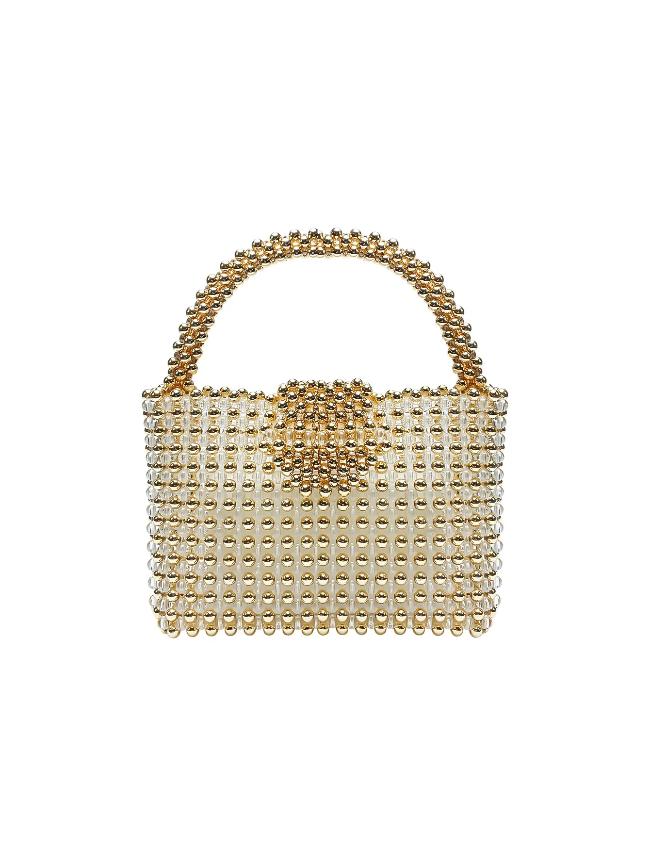 Sac à Main de Luxe en Perles Fait Main pour Femme Vintage Élégant Banquet Perles Or et Transparentes Sac Panier Tissé