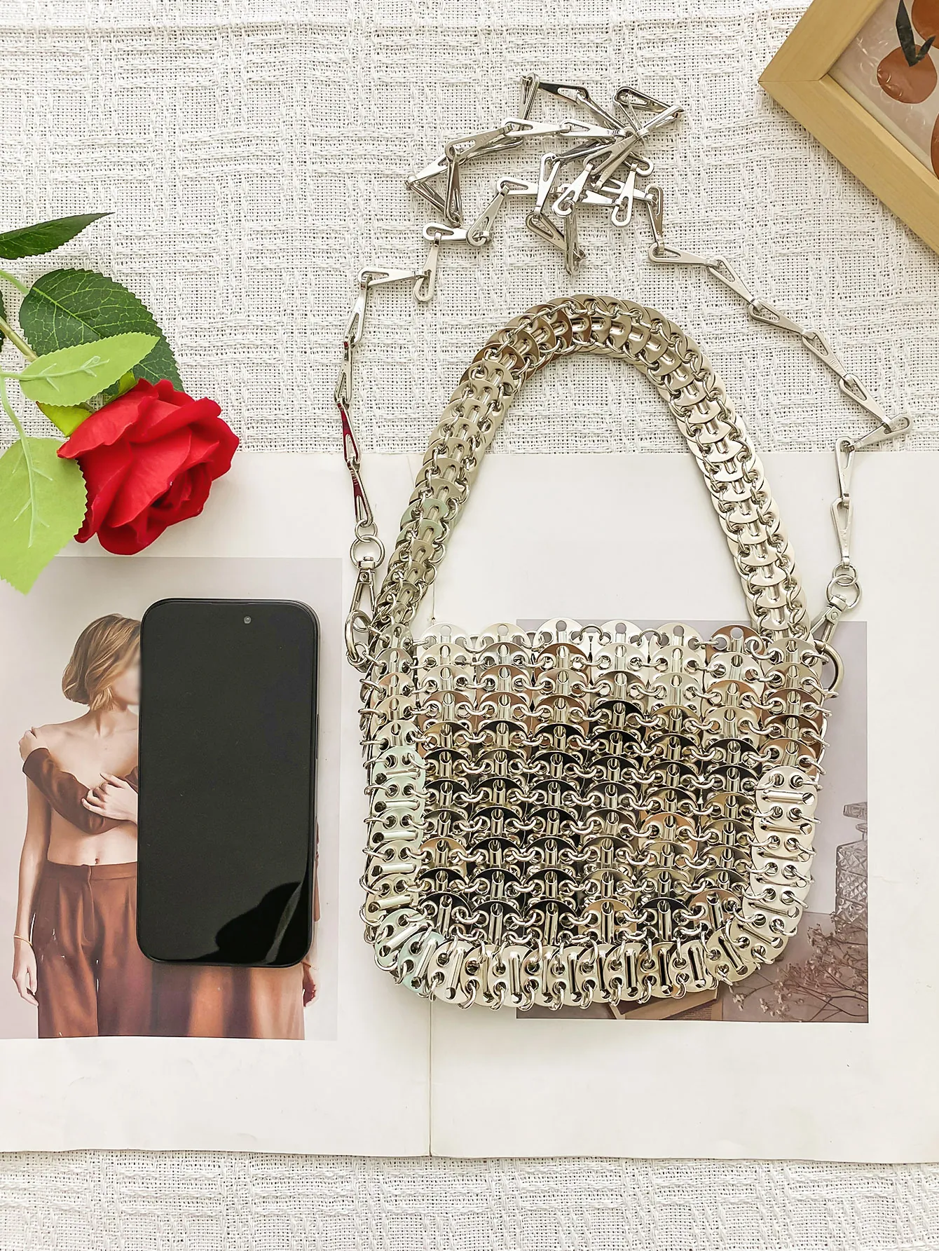 Shiny Silver Metallic Disk Evening Bag Handmade Woven Chainmail Crossbody Handbag For Women Retro Industrial Punk Style