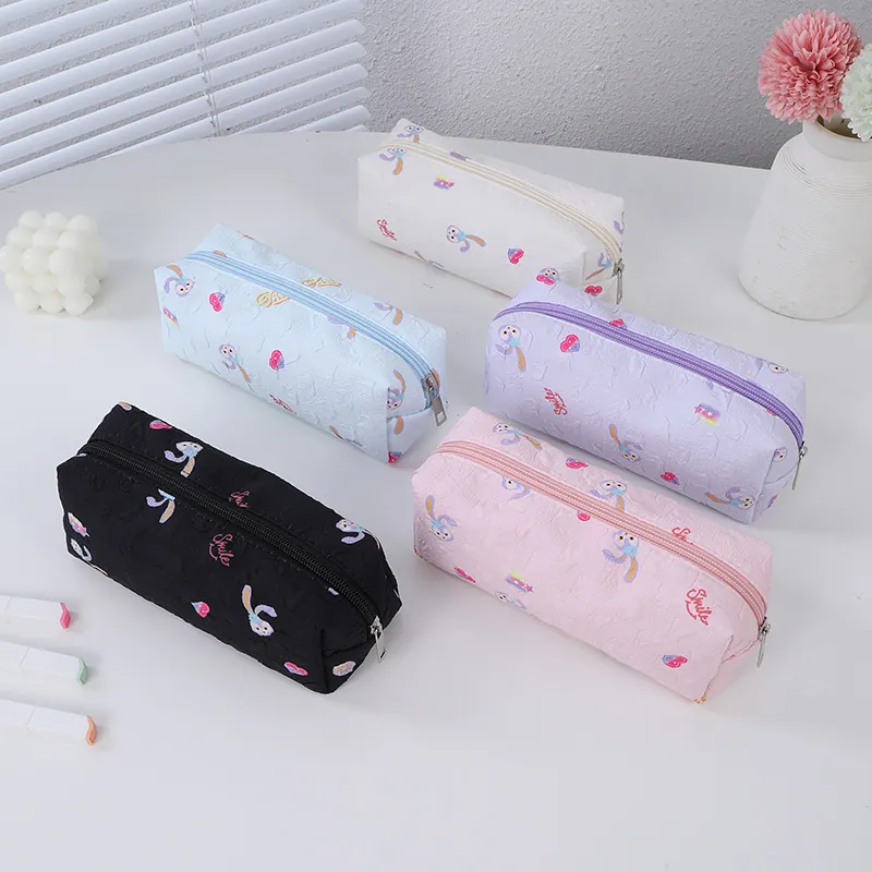 Cute Cartoon Rabbit Pencil Case Large Capacity Zippered Textured Fabric Stationery Pouch Student School Office Organizer