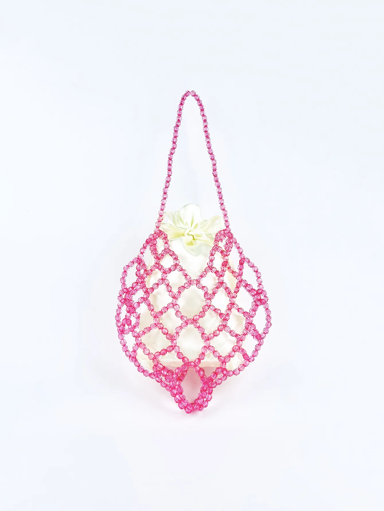 Pink Beaded Shoulder Bag Handmade Acrylic Beads Hollow Mesh Handbag With Satin Drawstring Inner Pouch Women Sweet Style