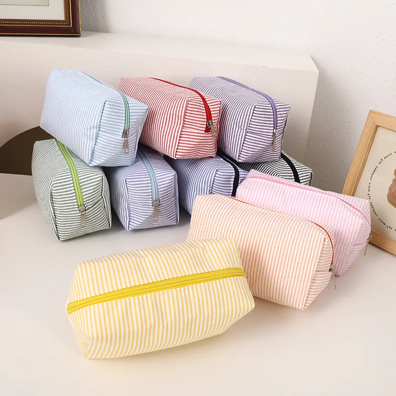 Striped Canvas Pencil Case Minimalist Portable Zipper Stationery Organizer Bag Travel Cosmetic Pouch For School Students