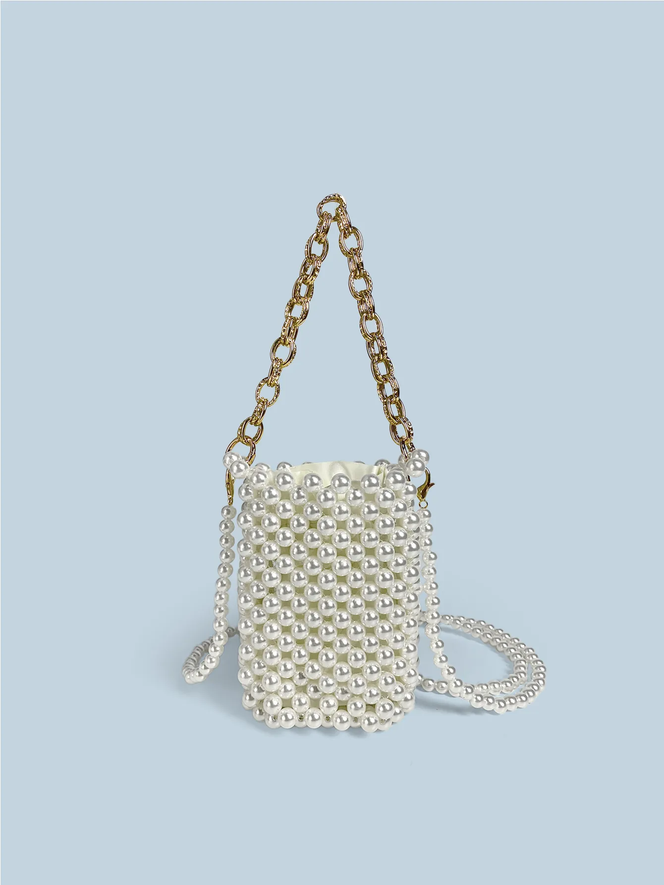 Handmade Beaded Faux Artificial Pearl Handbag For Women Elegant Crossbody Phone Bag With Gold Metal Chain Strap Vintage Mini Square Bag