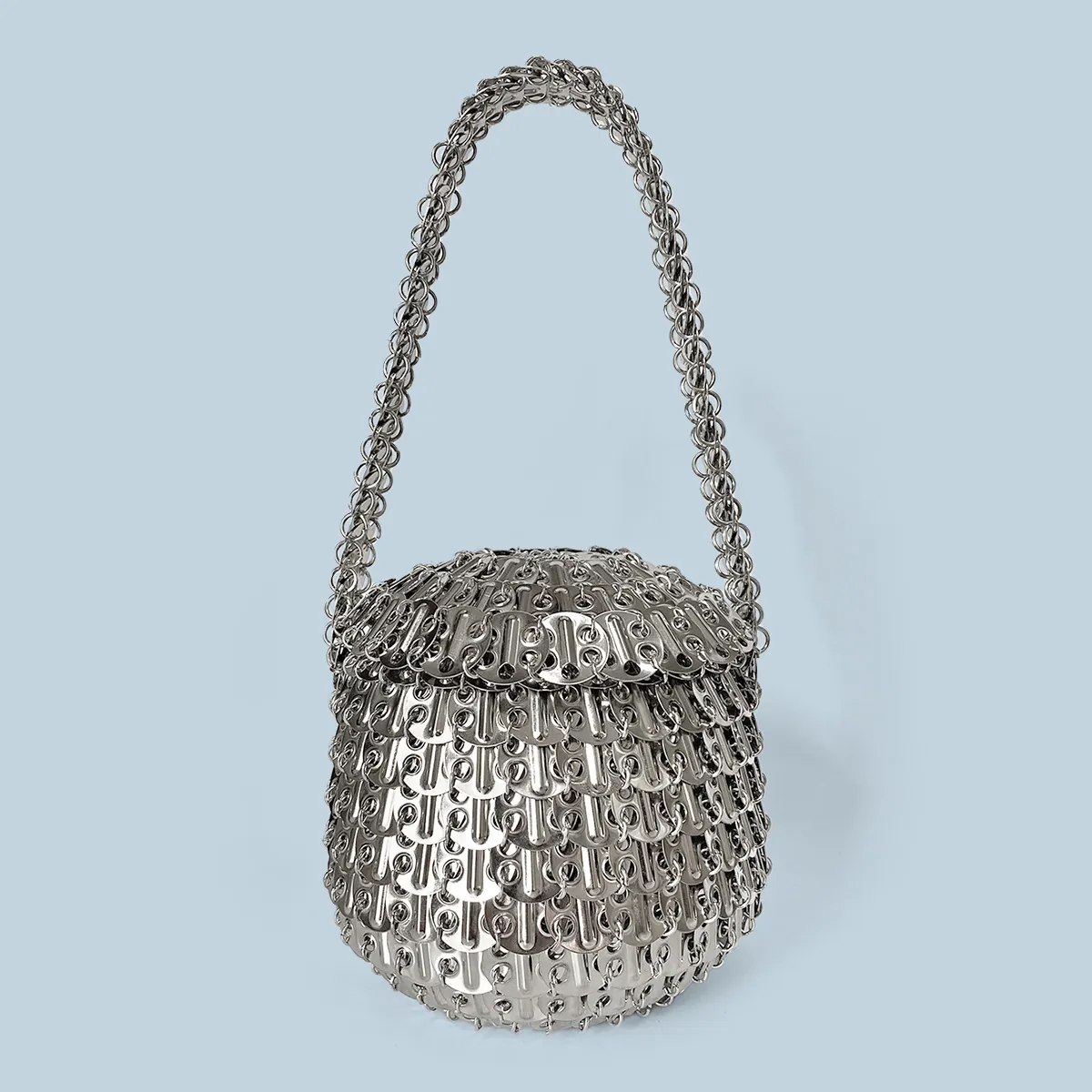 Handcrafted Silver Metal Ring Pull Tab Evening Bag Industrial Punk Style Round Woven Handbag Women Creative Purse
