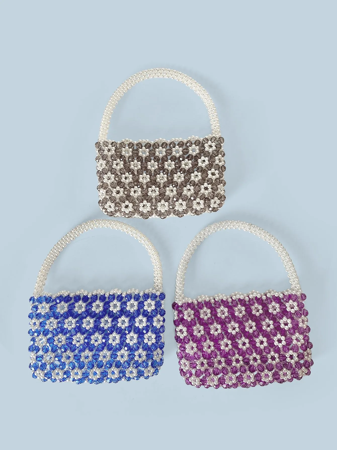Handgewebte Künstliche Perlenhandtasche Blumenmuster Acryl Faux Künstliche Perle Kontrastfarbe Urlaub Strand Reißverschluss Mode