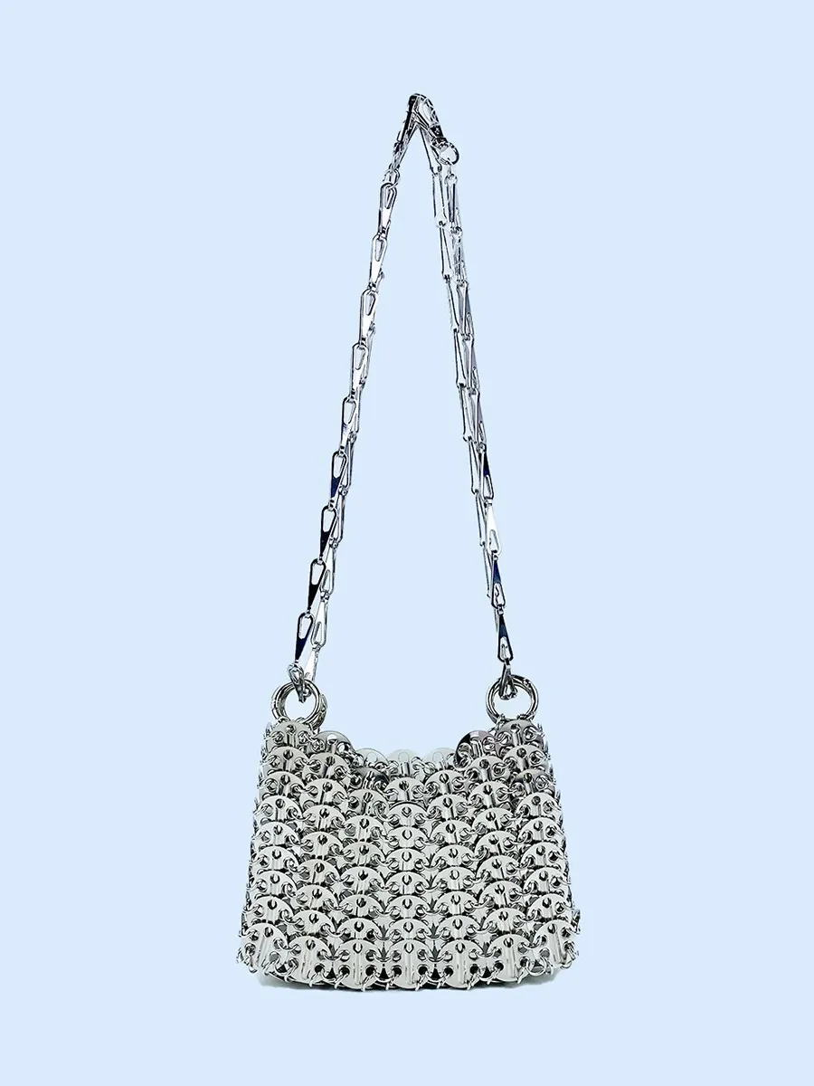 Handmade Metal Chainmail Sequin Crossbody Bag Industrial Style Shiny Shoulder Pouch For Women