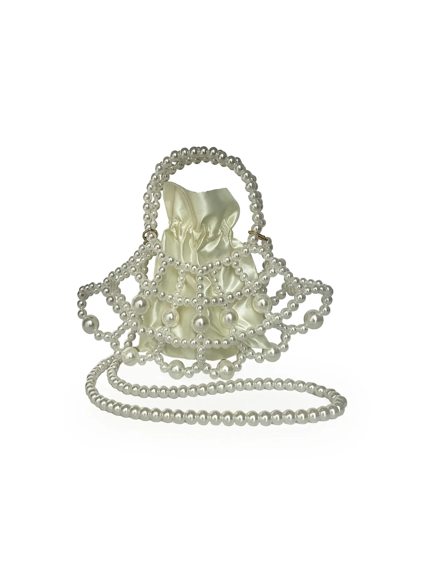 Elegant Handmade Artificial Pearl Beaded Bag Shell Shaped Hollow Crossbody Shoulder Handbag With Satin Drawstring Pouch Lining