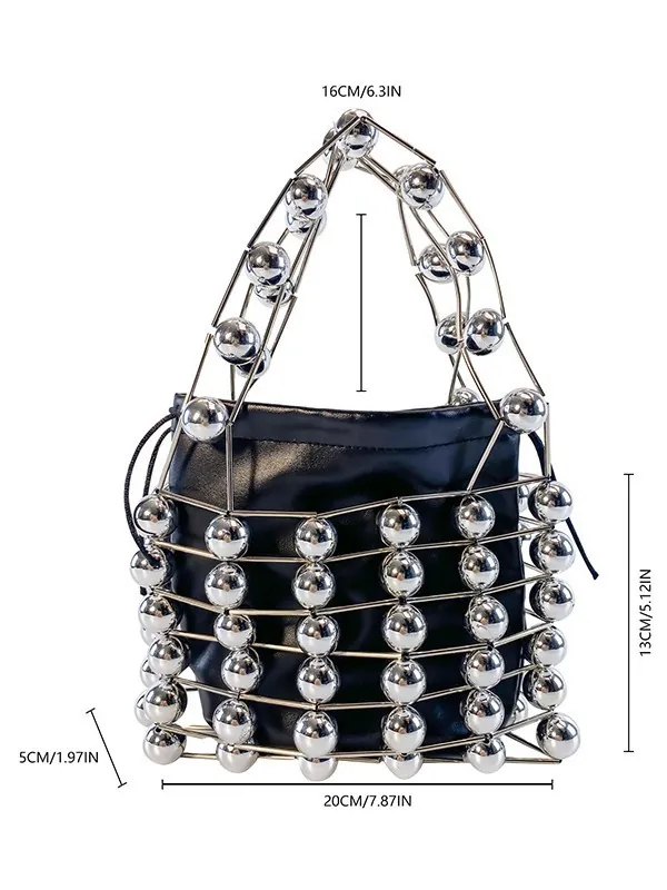 French Retro Metal Cutout Handbag For Women Niche Design Beaded Cage Evening Party Bag With Drawstring Inner Pouch